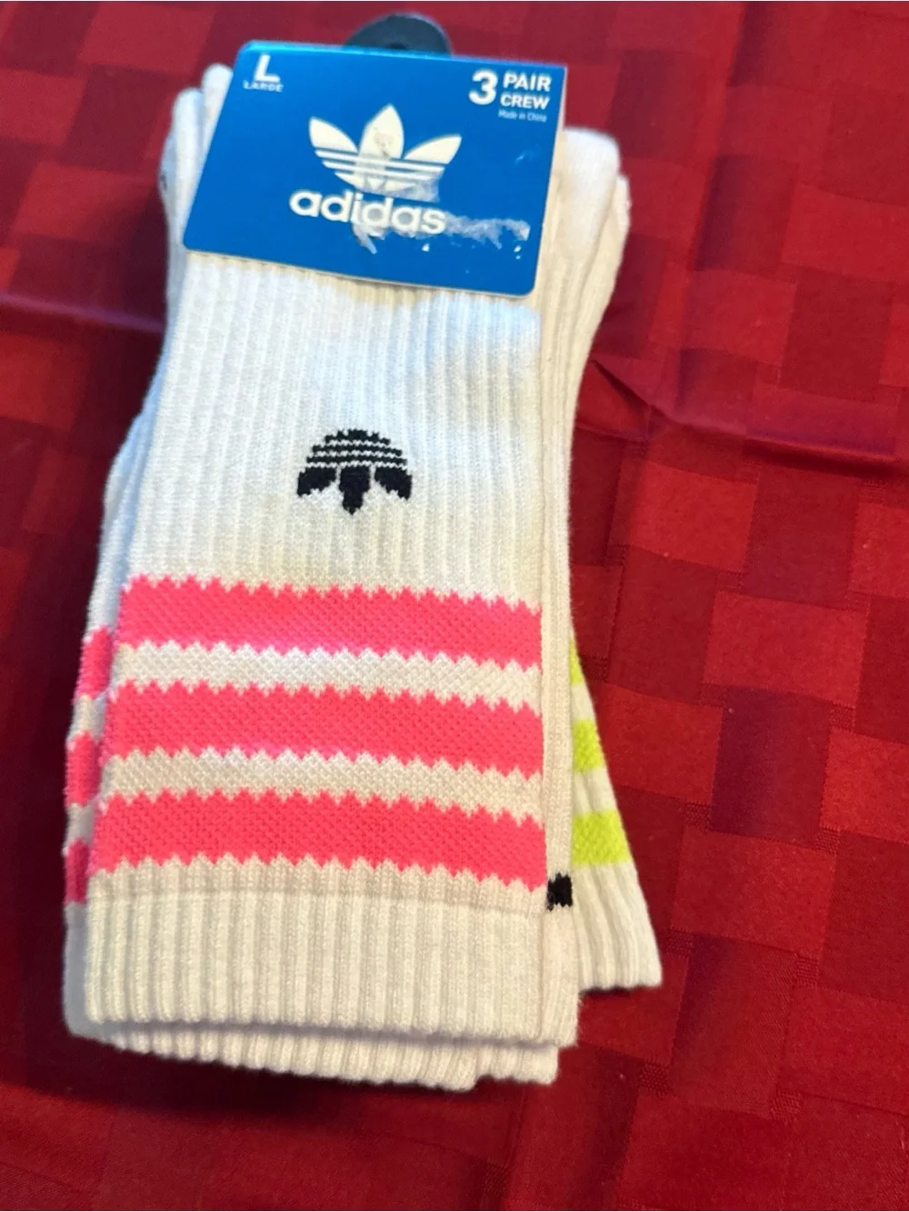 adidas Men’s Crew Socks — White with Pink Stripe